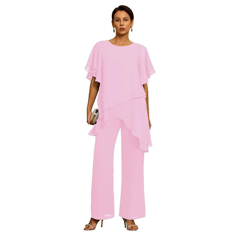 【S–3XL】Elegantný šifónový komplet: asymetrický top s volánmi a široké nohavice – sofistikovaný vzhľad na spoločenské udalosti