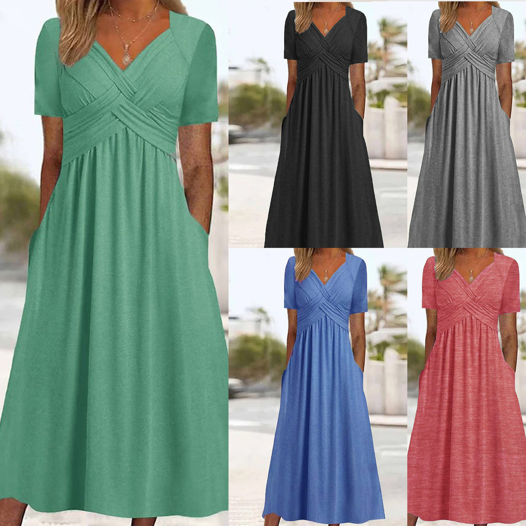 【50 % POPUST】【S–3XL】Ležerna enobarvna obleka srednje dolžine