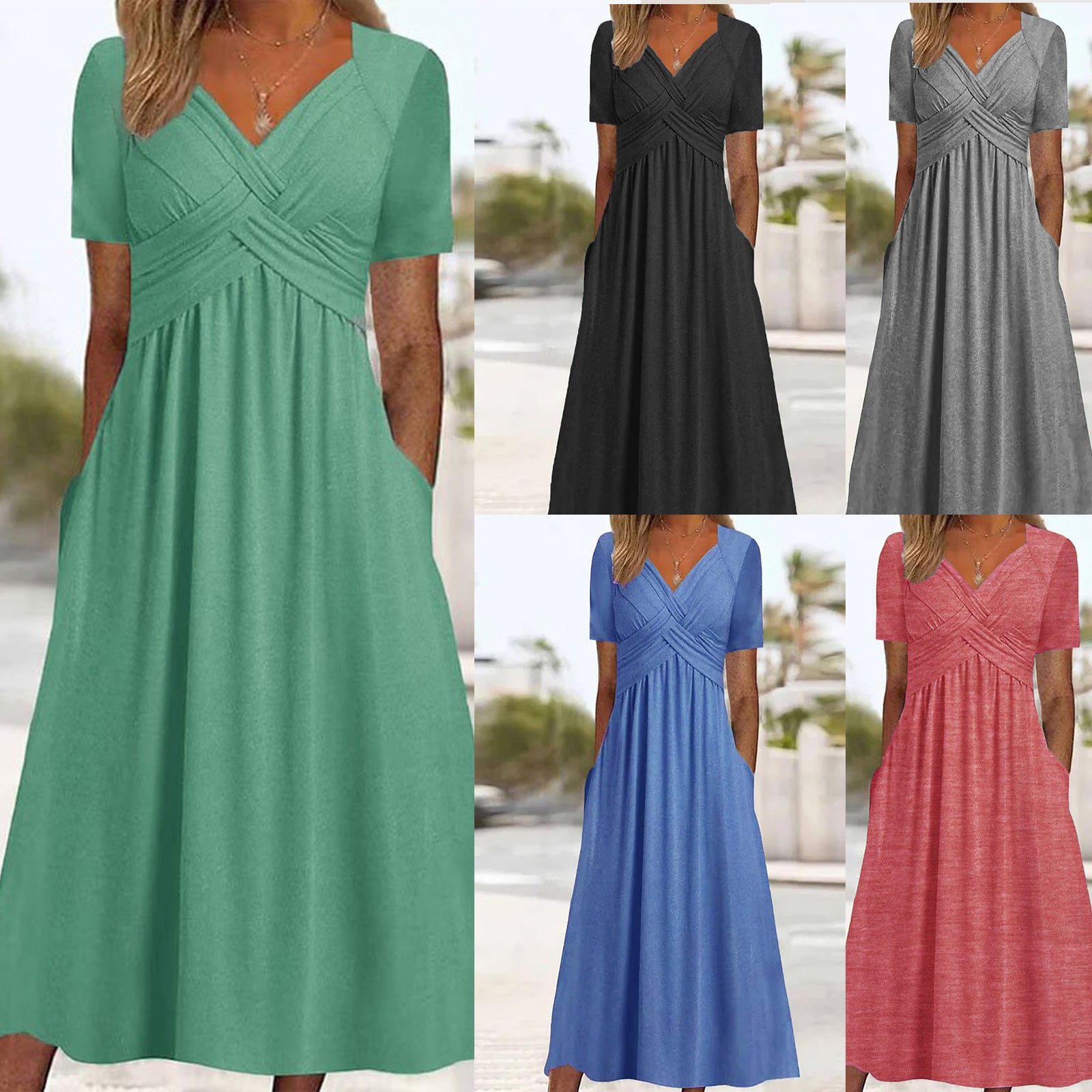 【50 % POPUST】【S–3XL】Ležerna enobarvna obleka srednje dolžine