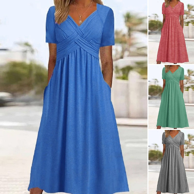 【50 % POPUST】【S–3XL】Ležerna enobarvna obleka srednje dolžine