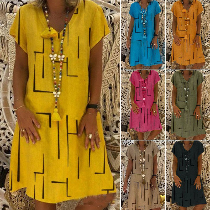 👗【Vroča razprodaja】【S–5XL】Ženska bombažna obleka z V-izrezom – udobna in elegantna – Znižana cena